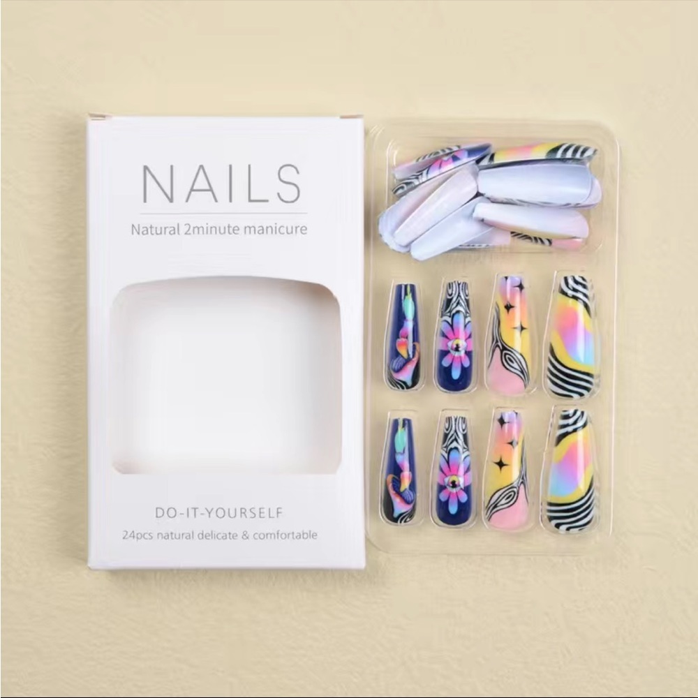 Acrylic Extra LONG Coffin Tip Graffiti Neon Manicure Rainbow Nails Professional - Picture 4 of 6